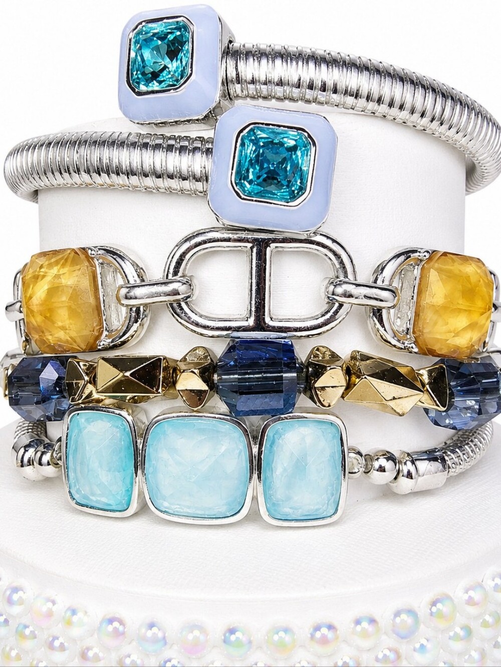 Bomb Party‎ Bracelet Stack Set of 4 Blue Gold Silver Stretch Wrap Cuff